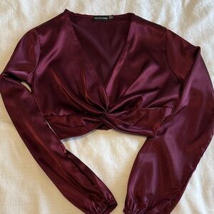 PrettyLittleThing Deep Red Satin Twist Blouse